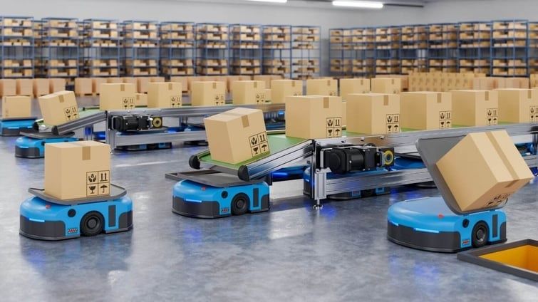 Autonome magazijnrobots vervoeren dozen tussen hoge stellingen